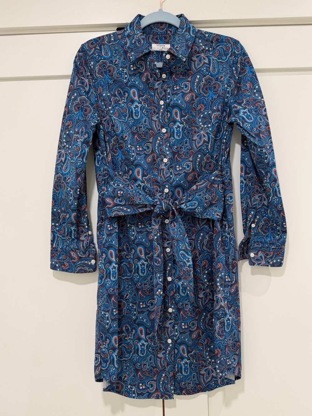 UNTUCKit for Her Paisley Shirt Dress Blue Orange Tie Waist Button Front Size 8